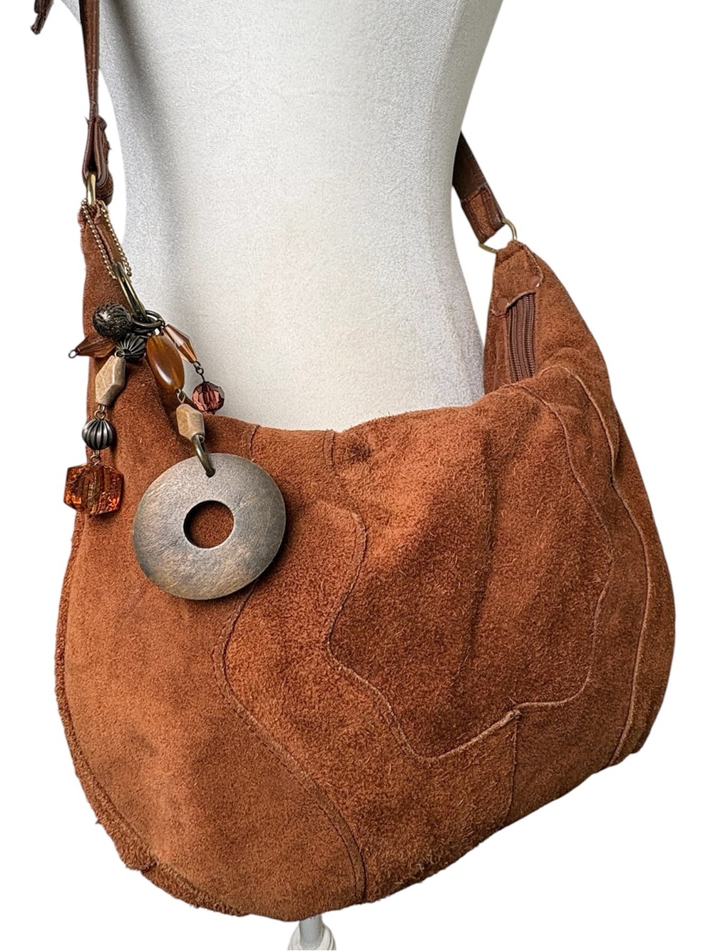 Vintage Genuine Suede Slouchy Boho Hobo Bag with Charms Hippie Fairy Retro 70s